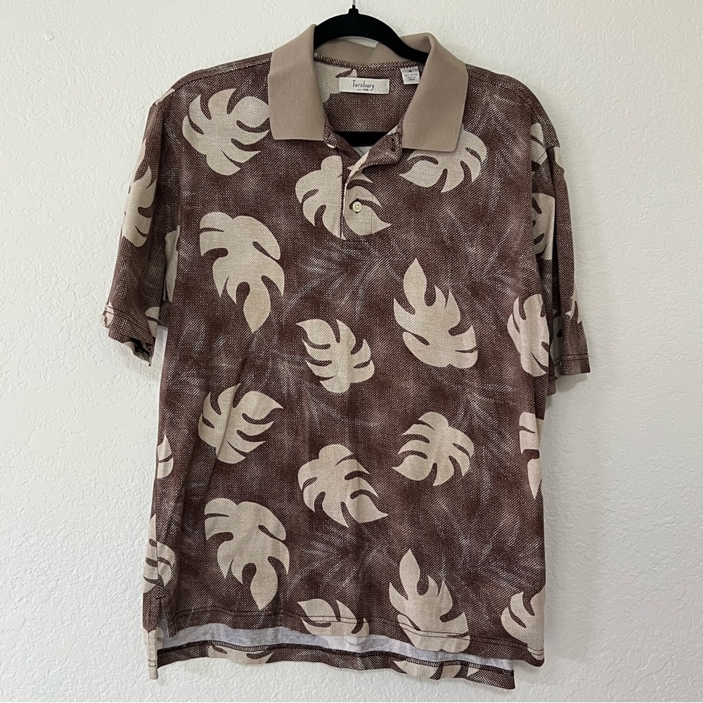Turnbury 100%‎ Cotton Polo Shirt Tan Monstera Tropical Print Men’s Size Medium